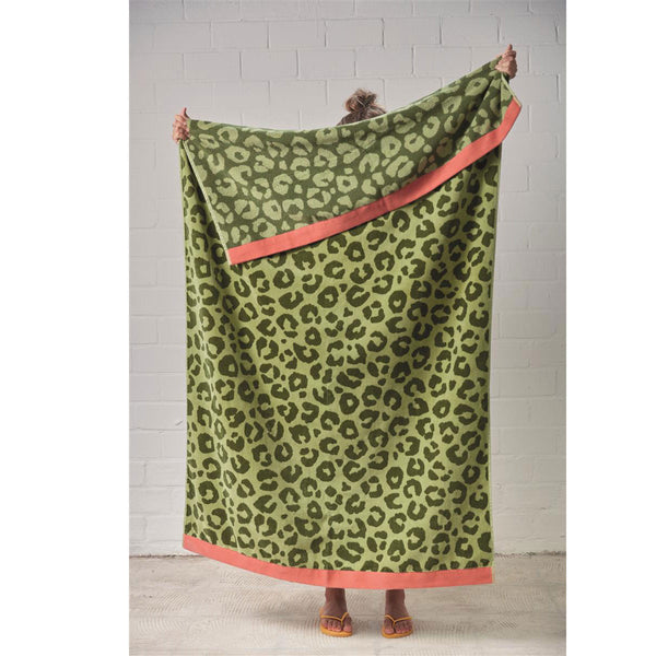 Bedding House Wildcat Animal Print Green Cotton Velour Beach Towel