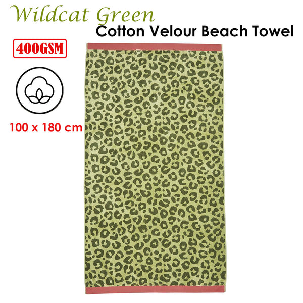 Bedding House Wildcat Animal Print Green Cotton Velour Beach Towel