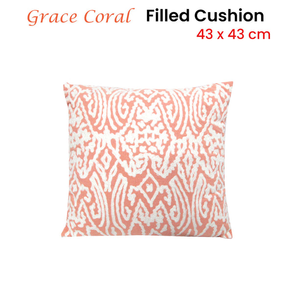 J Elliot Home Grace Applique Filled Cushion Square 43cm Coral Pink Cream