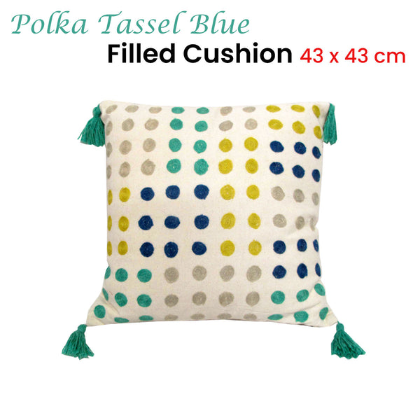 J Elliot Home Embroidered Polka Dots Tassel Filled Cushion Square 43cm Blue