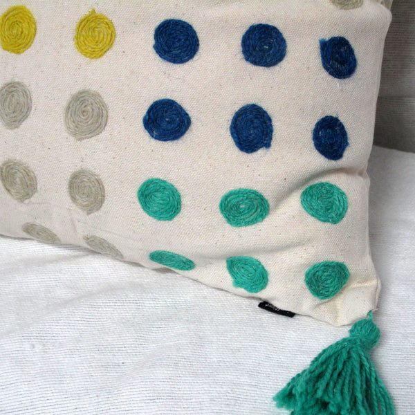 J Elliot Home Embroidered Polka Dots Tassel Filled Cushion Square 43cm Blue