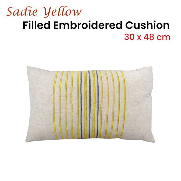Sadie Embroidered Stripes Filled Cushion Rectangle 30 x 48cm Yellow