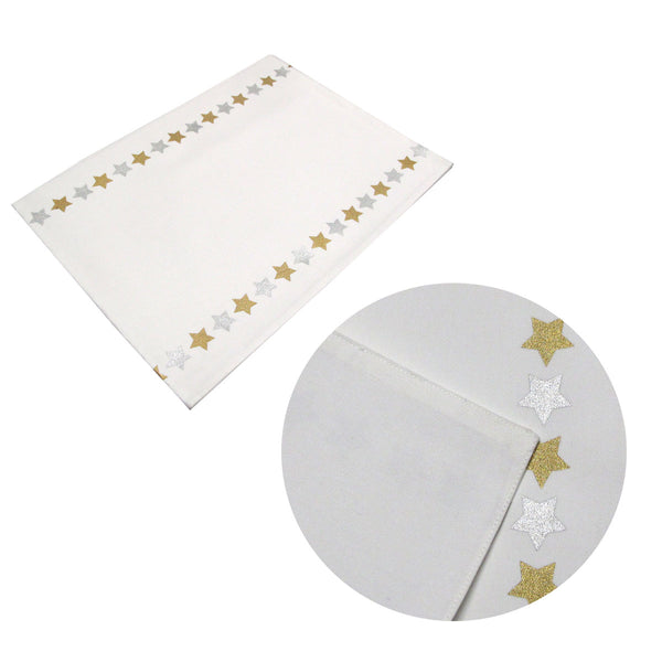 Silver Gold Stars Cotton Metallic Print Table Runner 33 x 180cm