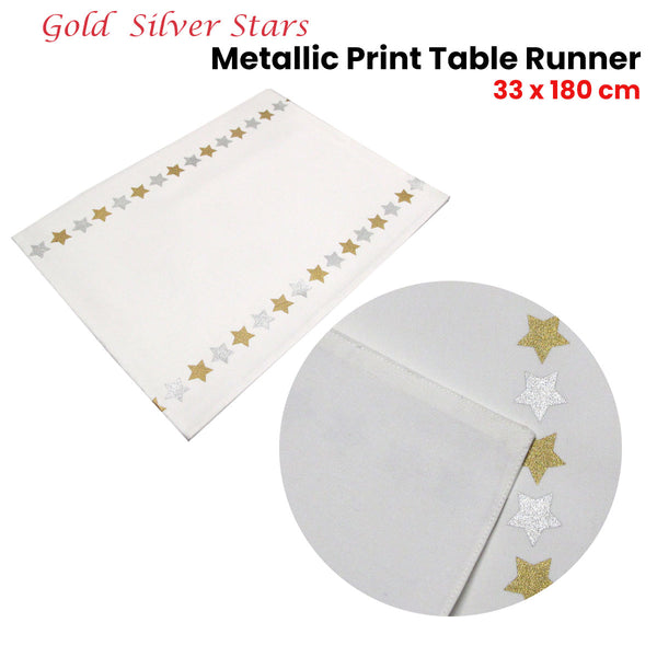Silver Gold Stars Cotton Metallic Print Table Runner 33 x 180cm