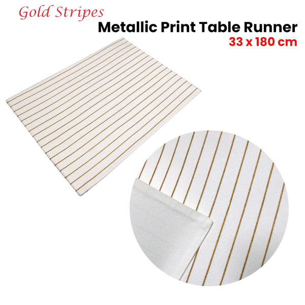 Gold Stripes Cotton Metallic Print Table Runner 33 x 180cm