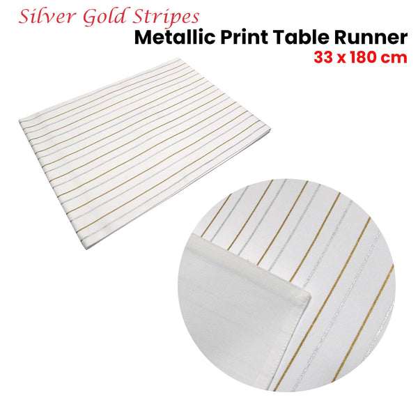 Silver Gold Stripes Cotton Metallic Print Table Runner 33 x 180cm