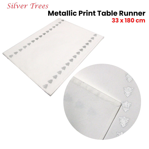 Silver Trees Cotton Metallic Print Table Runner 33 x 180cm