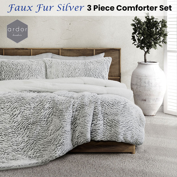 Ardor Faux Fur Silver 3 Piece Comforter Bedspread Coverlet Set Queen King