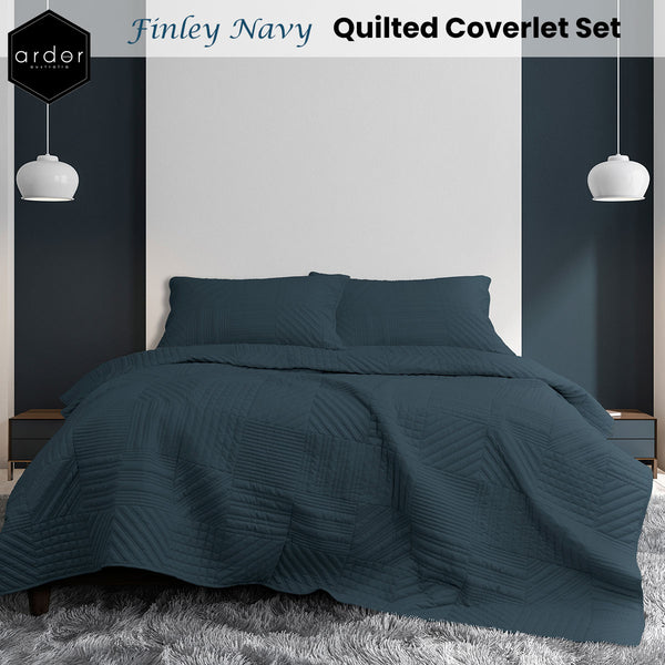 Ardor Finley Navy 3 Pcs Quilted Coverlet Bedspread Comforter Set Queen King