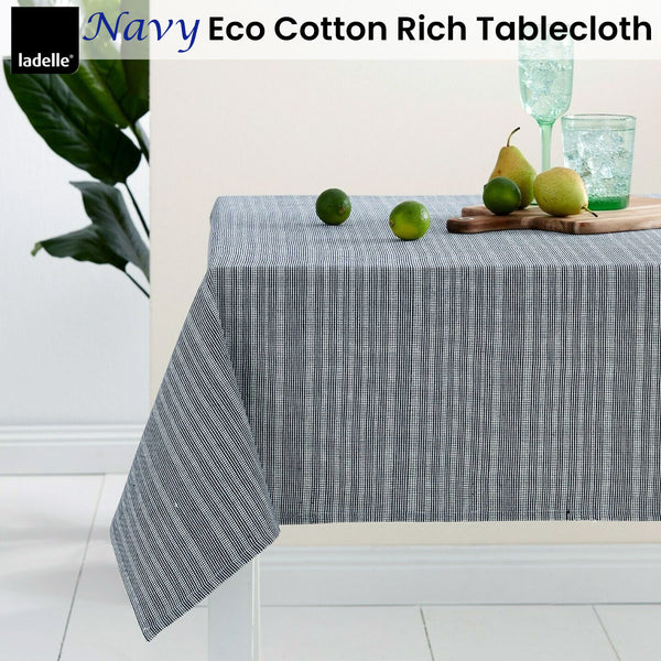 Ladelle Eco Cotton Rich Tablecloth 150 x 300cm Striped Navy Blue Ivory