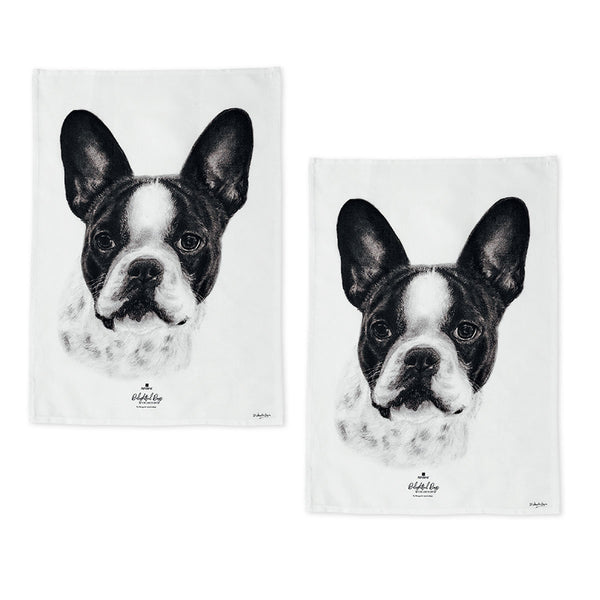 Set of 2 French Bulldog Dogs Cotton Kitchen Tea Towels 50 x 70cm