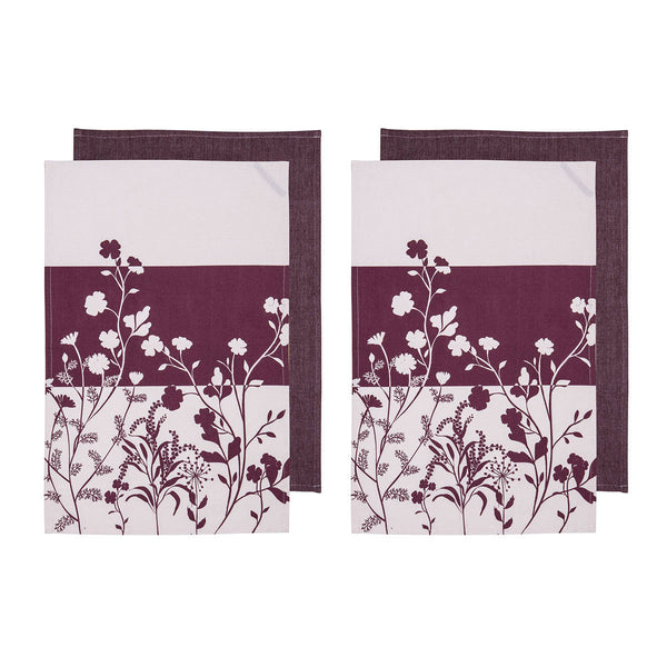 Set of 4 Homespun Flower Cotton Kitchen Tea Towels 50 x 70 cm Mulberry