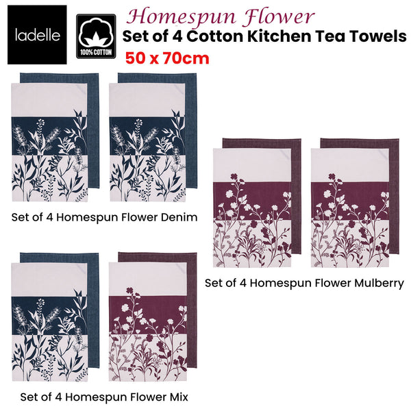 Set of 4 Homespun Flower Cotton Kitchen Tea Towels 50 x 70 cm Mulberry