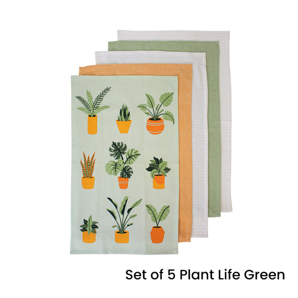 Ladelle Set of 5 Plant Life Cotton Kitchen Tea Towels 50 x 70cm Green