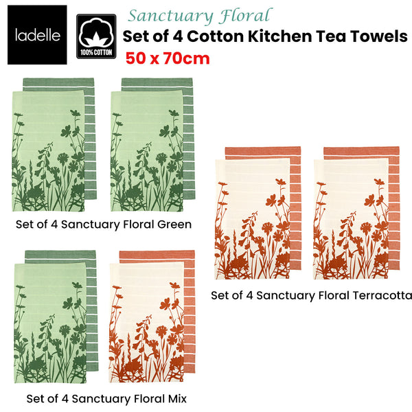 Set of 4 Sanctuary Floral Cotton Kitchen Tea Towels 50 x 70 cm Green