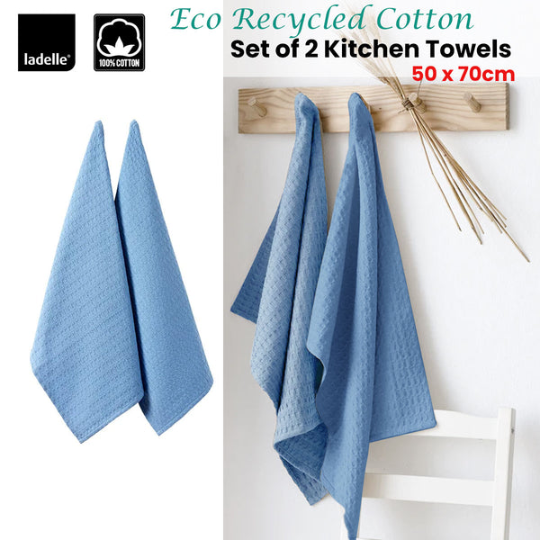 Ladelle Set of 2 Eco Recycled Cotton Tea Towels 50 x 70cm Blue