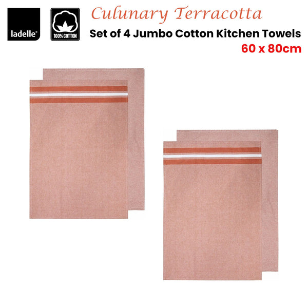 Ladelle Set of 4 Culinary Terracotta Cotton Jumbo Tea Towels 60 x 80cm