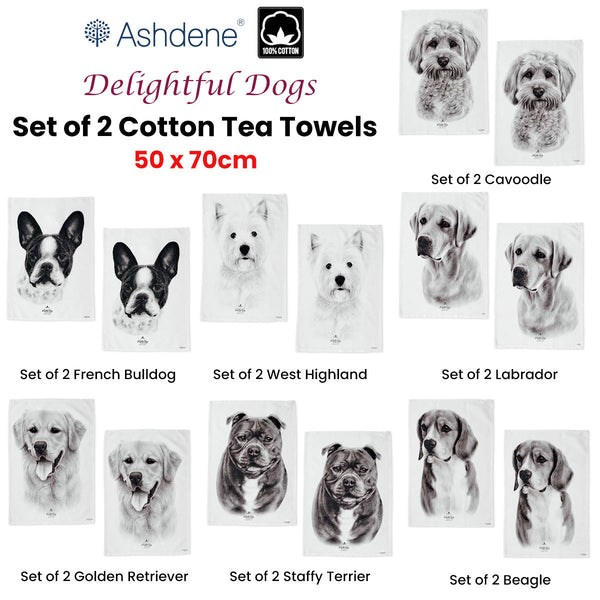 Set of 2 Staffy Terrier Dogs Cotton Kitchen Tea Towels 50 x 70cm
