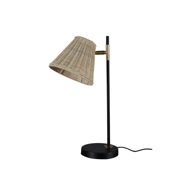 Yvette Bedside Coffee Side Table Lamp Light Black Base Rattan Cone Shade