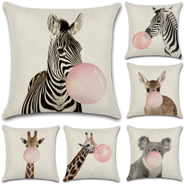 Animals Blowing Bubblegum Cushion Cover Square 45cm Zebra Koala Giraffe Deer