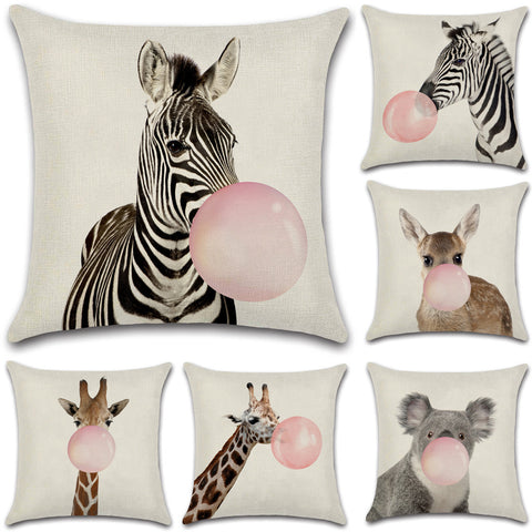 Animals Blowing Bubblegum Cushion Cover Square 45cm Zebra Koala Giraffe Deer