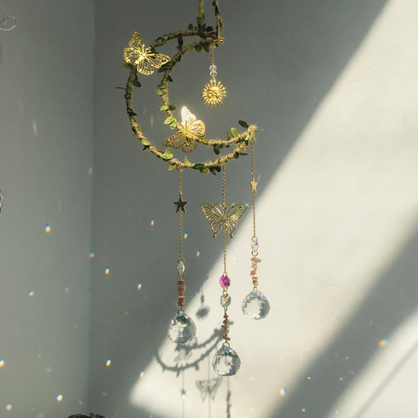 Hemp Rope Leaf Butterfly Moon Wind Chime Natural Crystal Garden Decoration