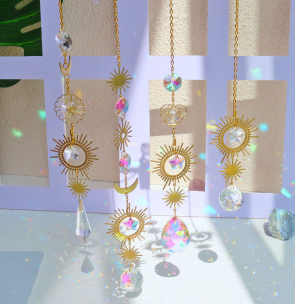 Moon Star Sun Crystal Suncatcher Ornament Window Decoration Gold