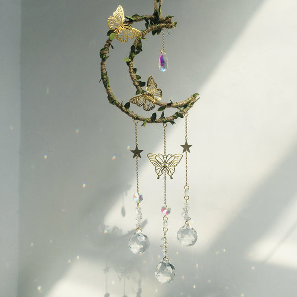 Hemp Rope Leaf Butterfly Moon Wind Chime Natural Crystal Garden Decoration