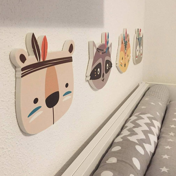 Scandi Nordic Wooden Animal Nursery Decoration Wall Mount Bear Fox Owl Raccoon