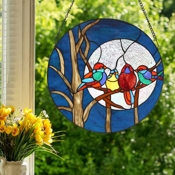 Four Birds Stained Glass Look Acrylic Suncatcher Window Ornament 15cm