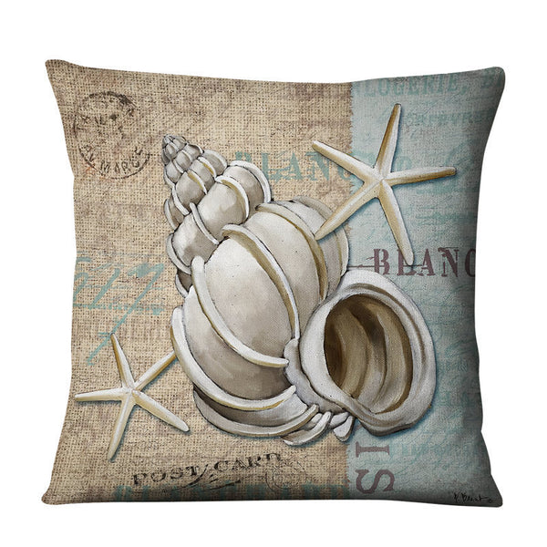 Vintage Retro Style Seashell Starfish Linen Look Cushion Cover Square 45cm