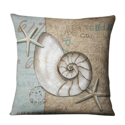 Vintage Retro Style Seashell Starfish Linen Look Cushion Cover Square 45cm
