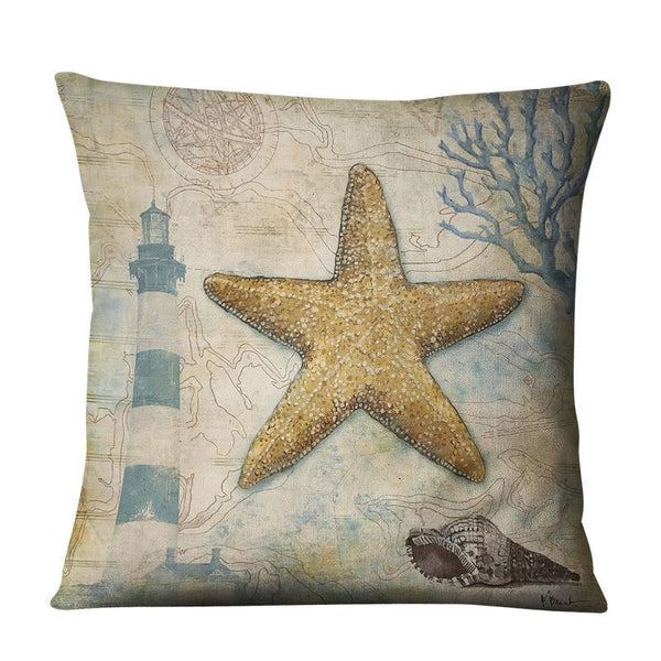Vintage Retro Style Seashell Starfish Linen Look Cushion Cover Square 45cm