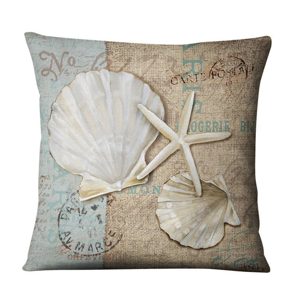 Vintage Retro Style Seashell Starfish Linen Look Cushion Cover Square 45cm