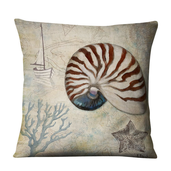 Vintage Retro Style Seashell Starfish Linen Look Cushion Cover Square 45cm