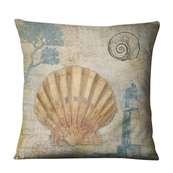 Vintage Retro Style Seashell Starfish Linen Look Cushion Cover Square 45cm