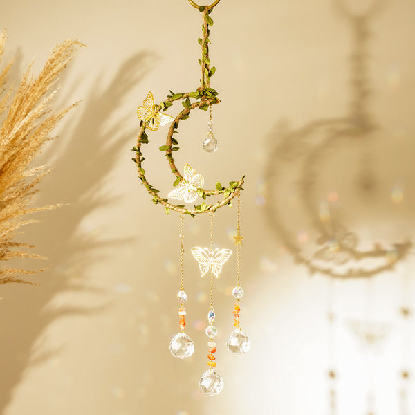 Hemp Rope Leaf Butterfly Moon Wind Chime Natural Crystal Garden Decoration
