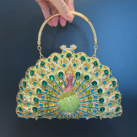 Peacock Rhinestone Crystal Evening Party Wedding Top Handle Bag Handbag