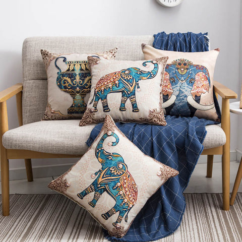 Elephant Design Linen Look Cushion Cover Square 45cm
