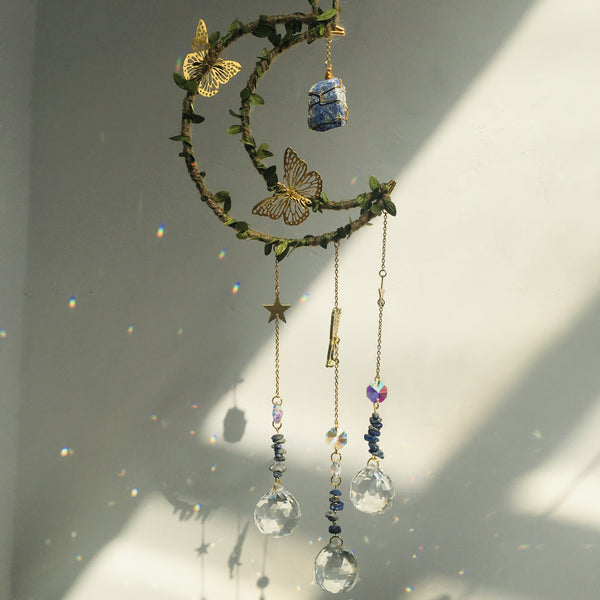 Hemp Rope Leaf Butterfly Moon Wind Chime Natural Crystal Garden Decoration
