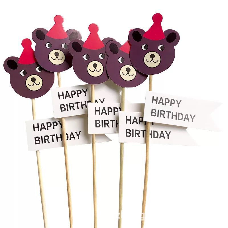 Happy Birthday Smiley Face Flag Bear Candle Rain Silk Cake Toppers Decoration