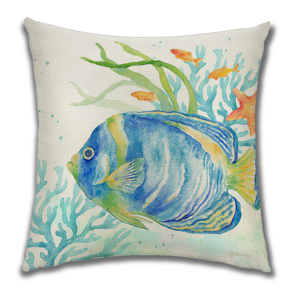 Watercolour Sea Life Seahorse Turtle Crab Fish Print Linen Look Cushion Cover Square 45cm