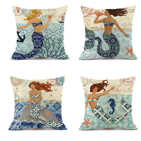 Ocean Mermaid Linen Look Cushion Cover Square 45cm