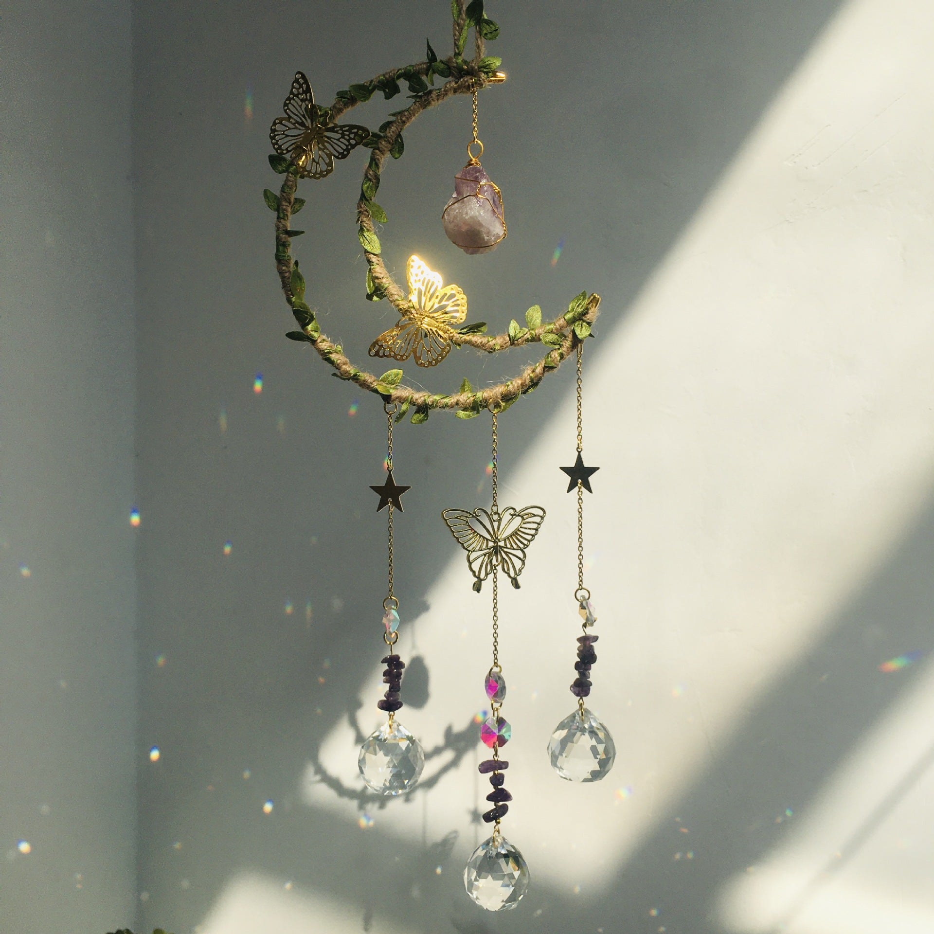 Hemp Rope Leaf Butterfly Moon Wind Chime Natural Crystal Garden Decoration