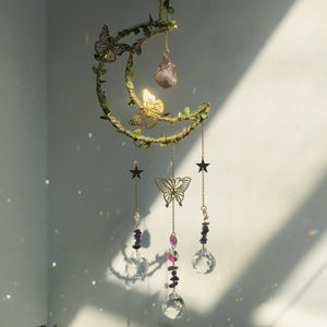 Hemp Rope Leaf Butterfly Moon Wind Chime Natural Crystal Garden Decoration