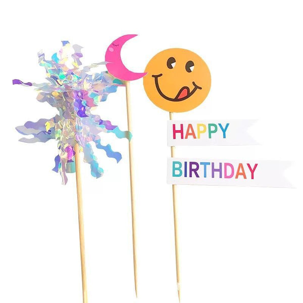 Happy Birthday Smiley Face Flag Bear Candle Rain Silk Cake Toppers Decoration