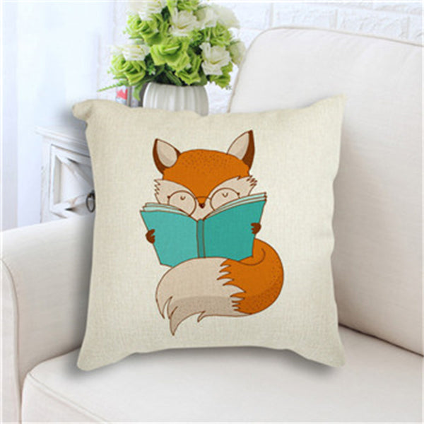Cute Fox Rabbit Print Linen Look Nursery Kids Bedroom Cushion Cover Square 45cm