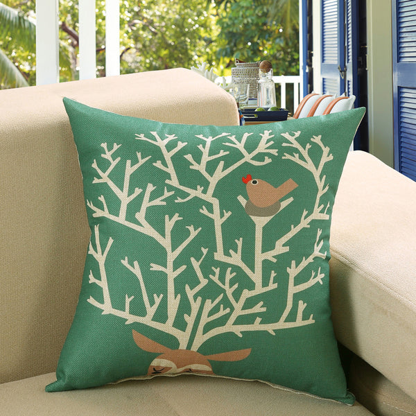 Scandi Nordic Printed Cushion Cover Deer Fish Owl Cat Linen Look 40cm 45cm 50cm