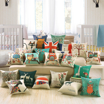 Scandi Nordic Printed Cushion Cover Deer Fish Owl Cat Linen Look 40cm 45cm 50cm