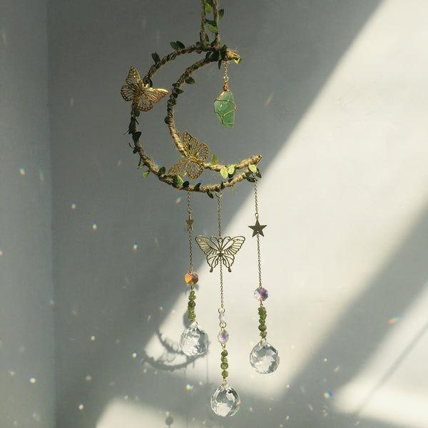 Hemp Rope Leaf Butterfly Moon Wind Chime Natural Crystal Garden Decoration